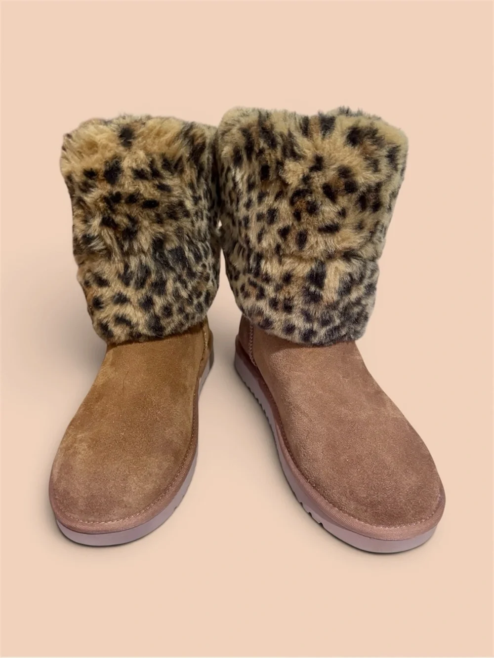 UGG Koolaburra Tan Suede Ankle Boots with Leopard Faux-Fur Cuff